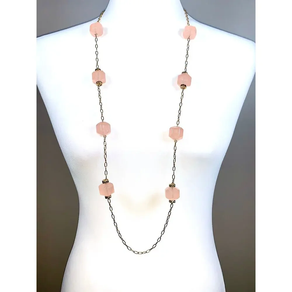 Vintage J. Crew Gold Tone Cube Faux Rose Quartz Crystal Chunky Necklace